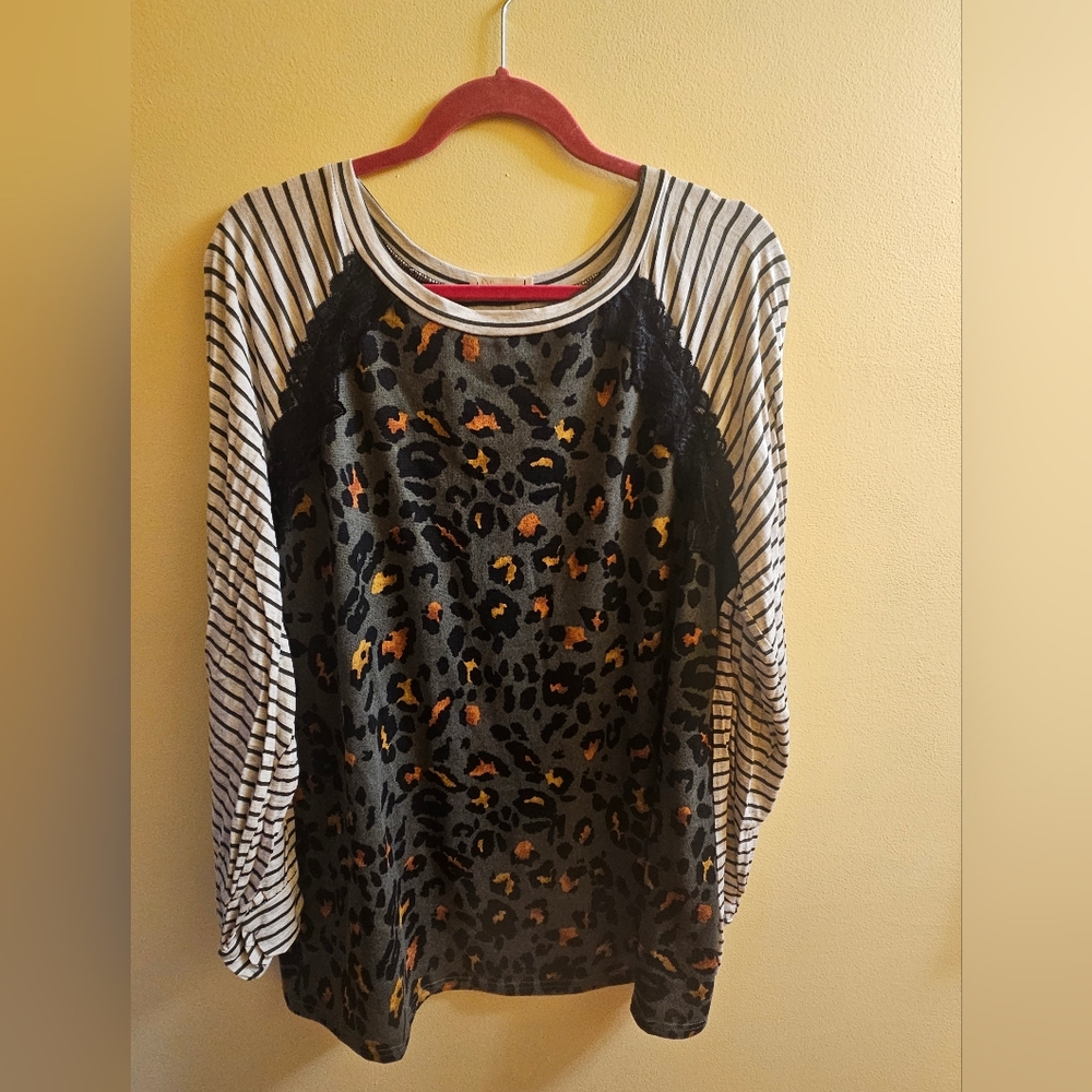 Blumin Leopard and Striped Long Sleeve Top with Lace Detail!